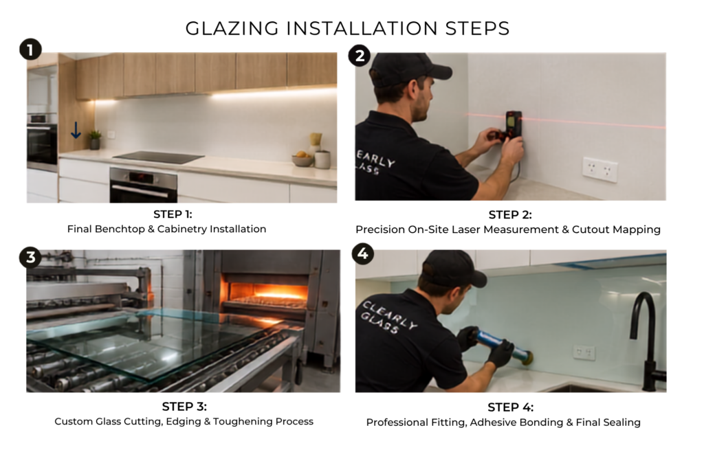 Glazier fitting custom toughened safety glass onto kitchen wall.