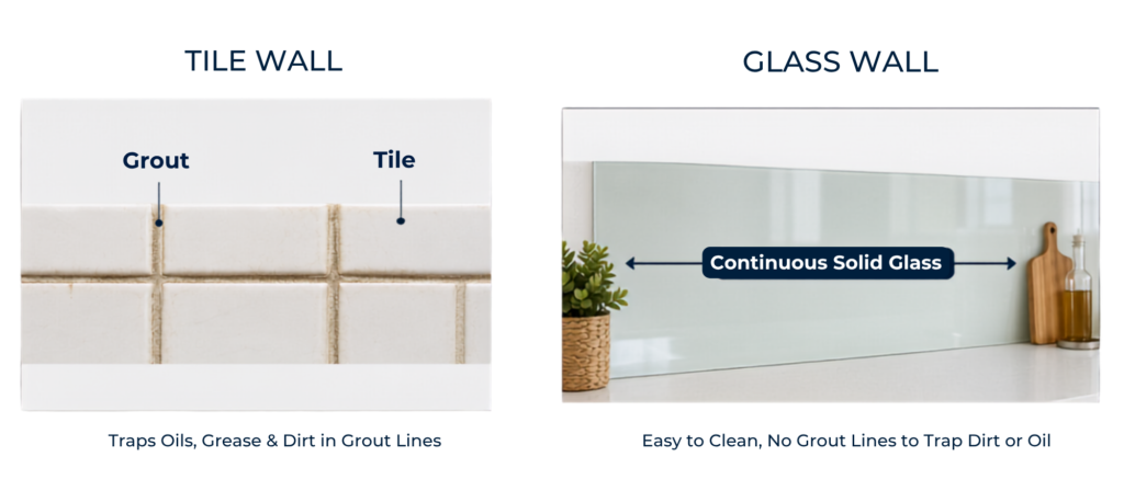 Side-by-side comparison of glass panel vs ceramic tile grout lines