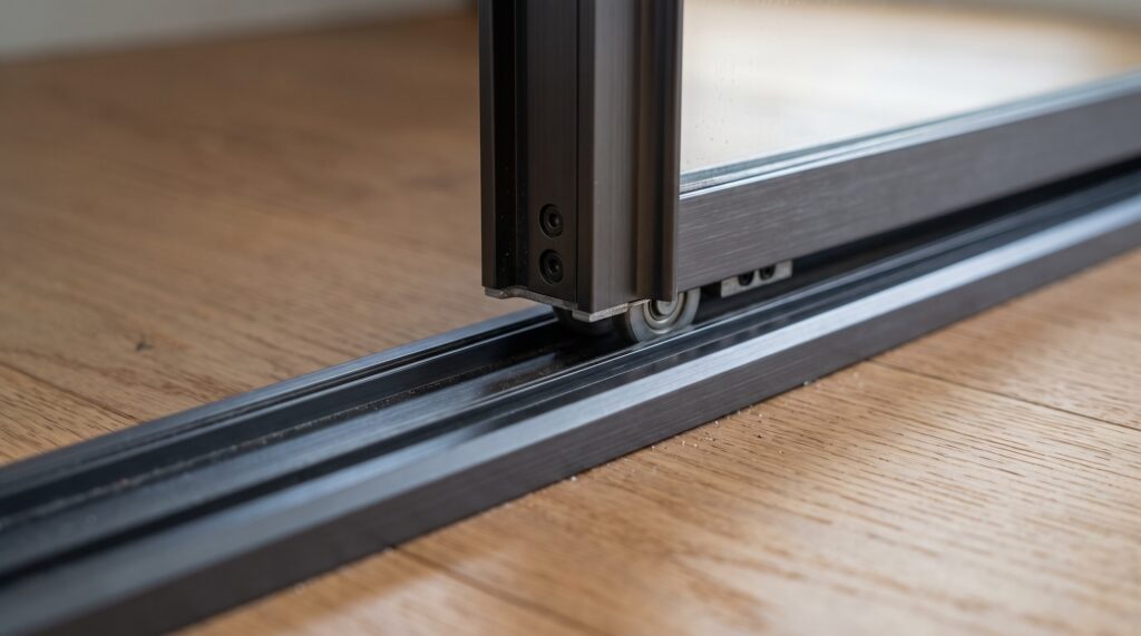 Close-up view of sliding door bottom roller track supporting a glass panel