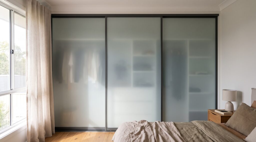 Frosted glass sliding wardrobe doors providing soft light diffusion and storage privacy in a bedroom