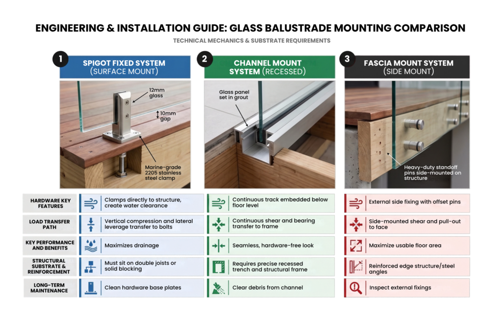 Comparison diagram of spigot, channel, and fascia mount glass balustrades